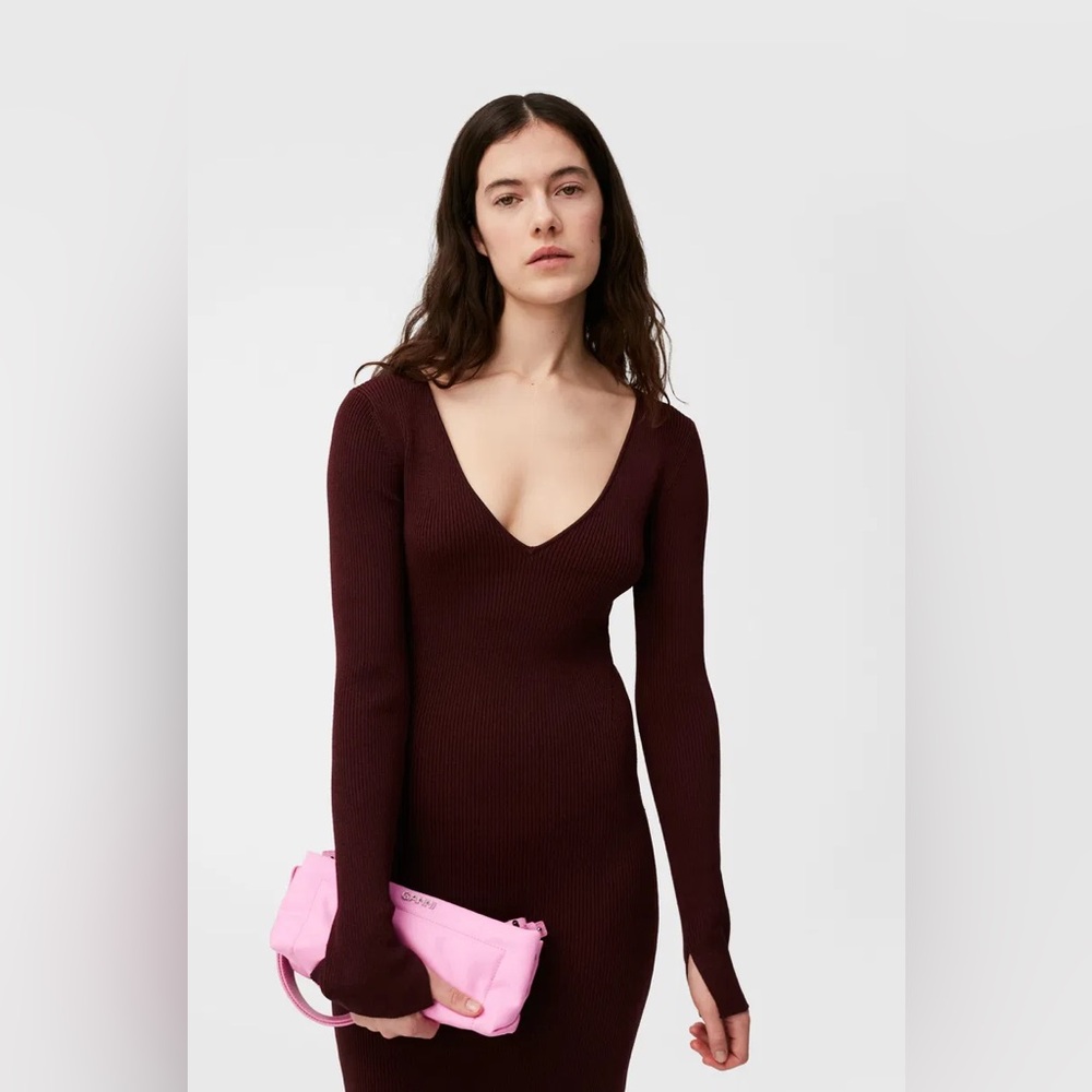 GANNI ribbed maxi dress melange burgundy NWT - Picture 2 of 4